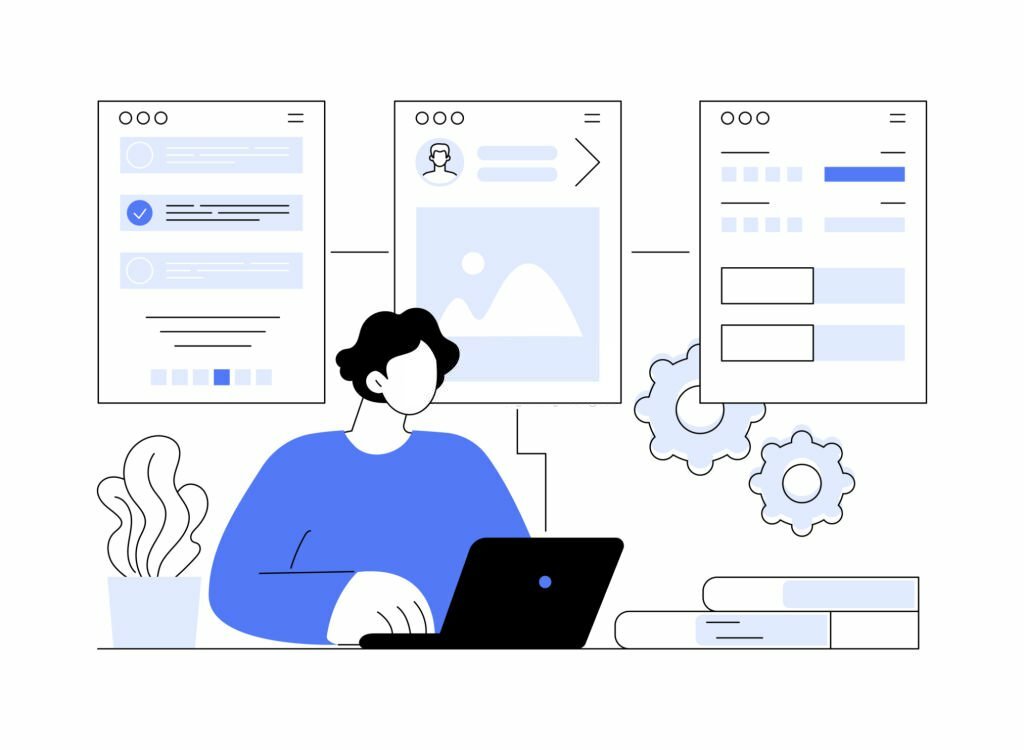 UX wireframes abstract concept vector illustration. UX designer creating wireframes for new app, IT company business, software development process, user interface plan abstract metaphor.